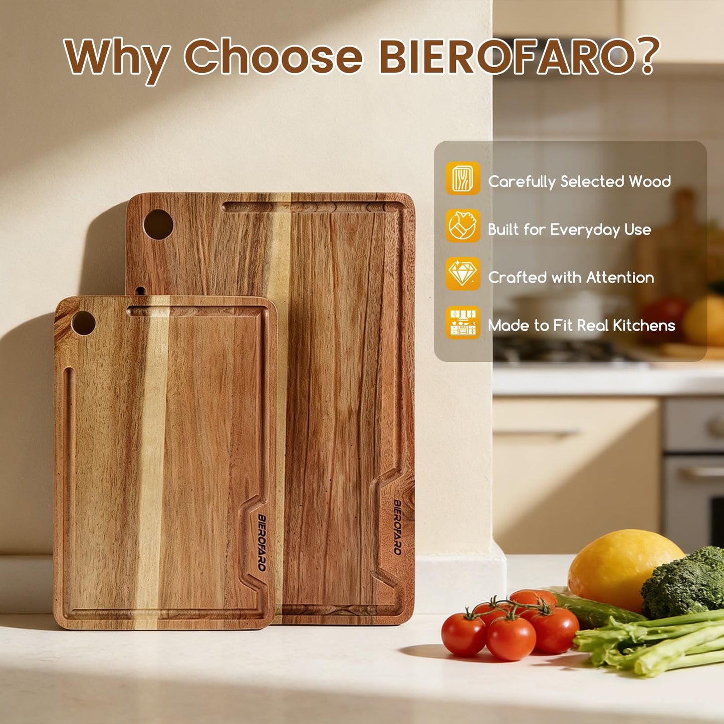 bierofaro Wooden Cutting Board Set 16.5"L x 2"W Brown Kitchen Chopping Mats NEW