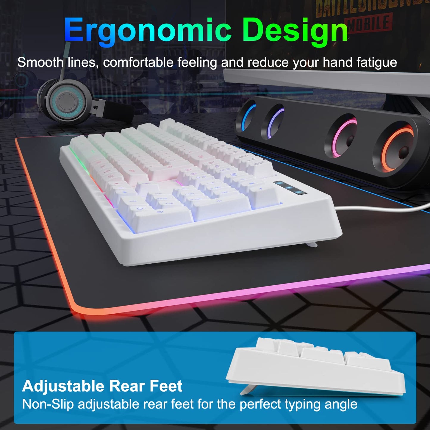 HUO JI Gaming Keyboard USB Wired with Rainbow LED Backlit Quiet Floating DEMO