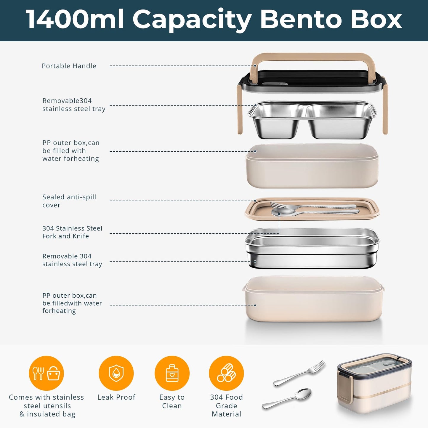 Adando Stainless Steel Bento Box Leakproof Lunchbox 1400ml BPA Free Green NEW