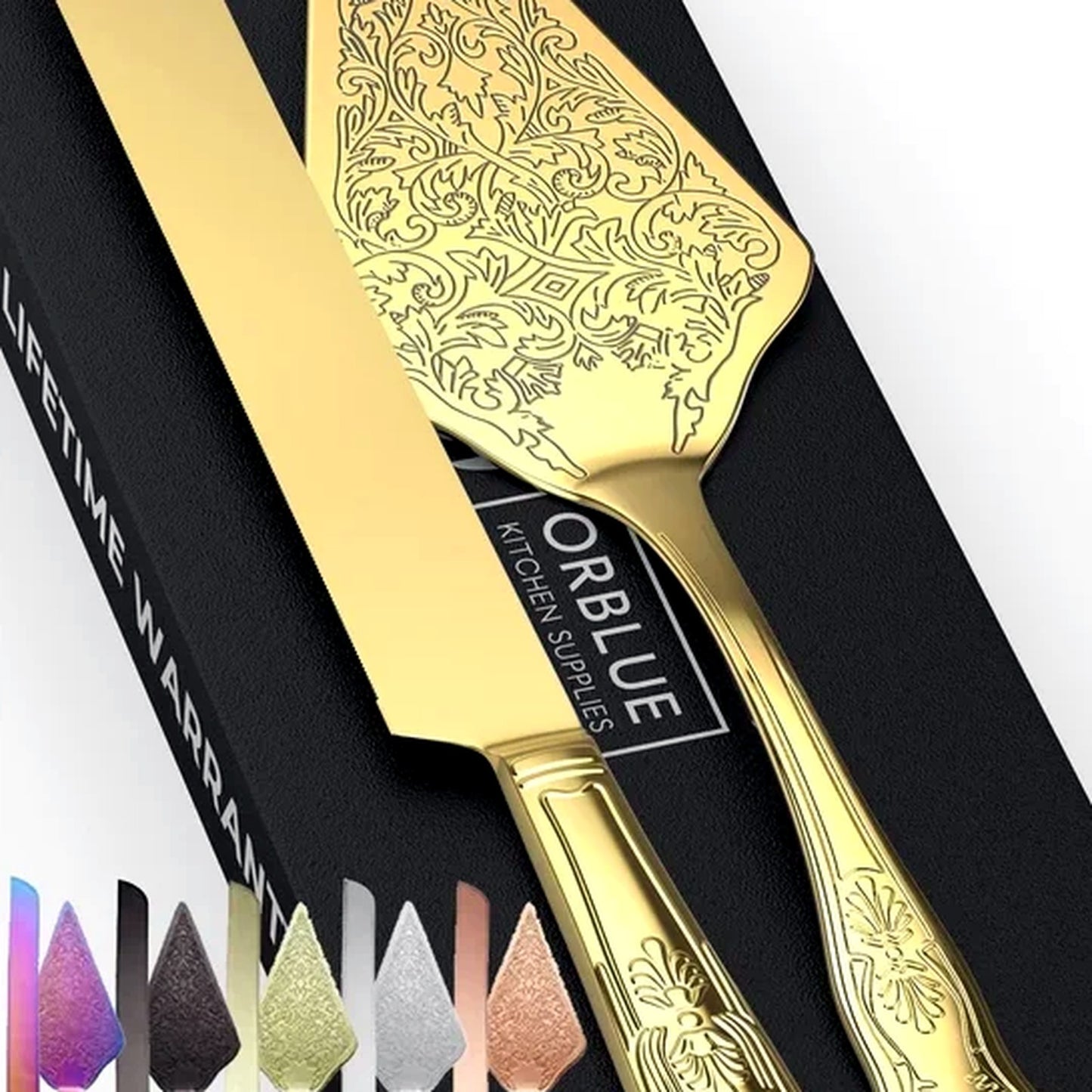 Orblue Premium Engraved Cake Cutting Knife and Server Set GOLD NEW