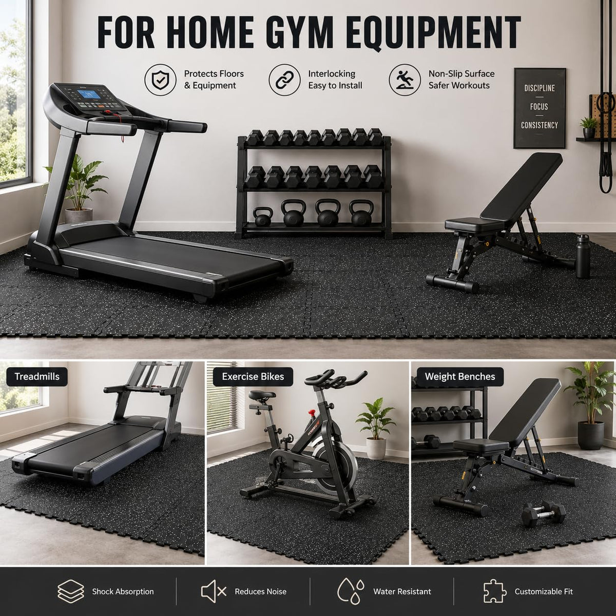 Homodoskey Thick Gym Flooring Tiles 12 Pack 60x60cm Rubber Exercise NEW