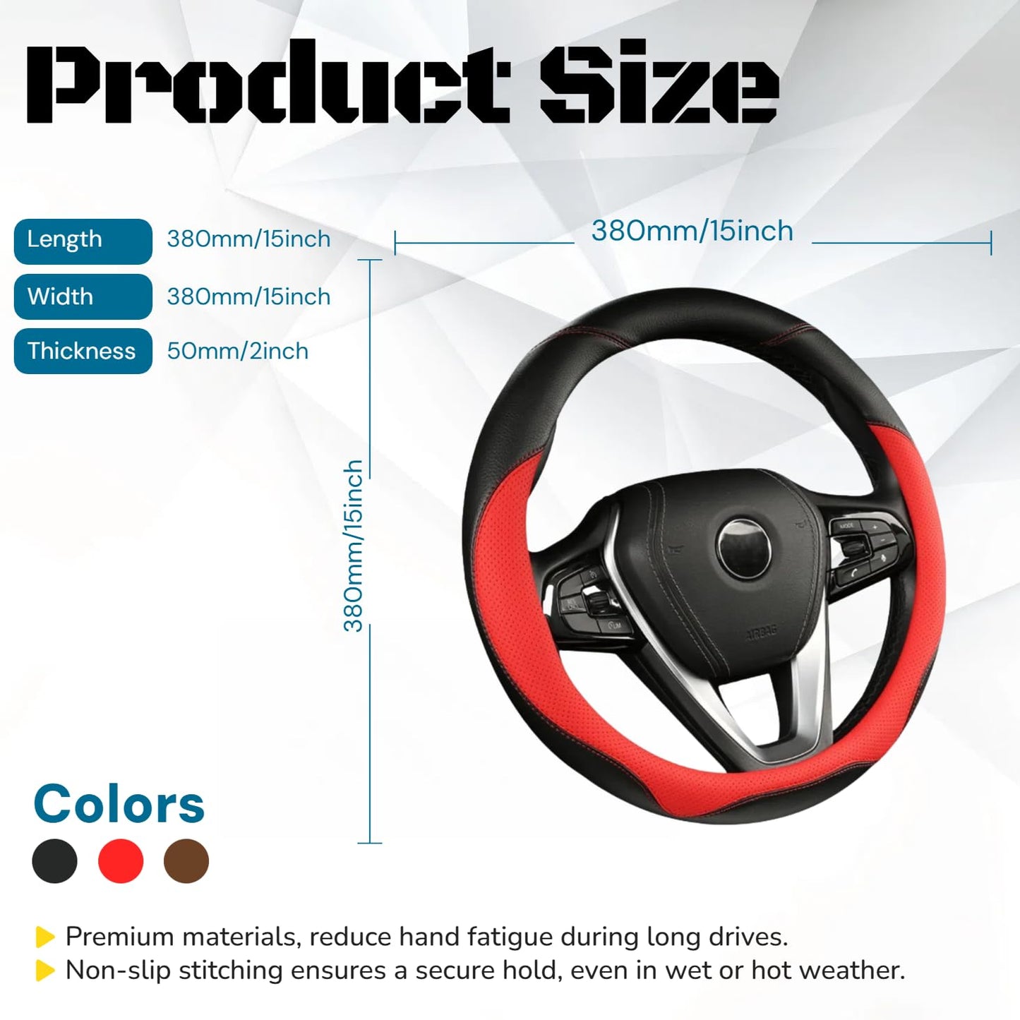 DURASIKO Microfiber Steering Wheel Cover Breathable Black & Red-Type O NEW