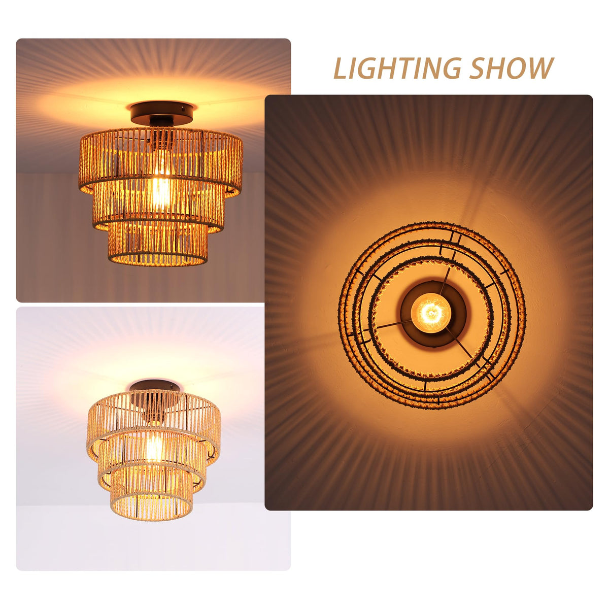 Oninio 30CM Ceiling Lighting Boho Rattan Pendant Light 3-Tier Hand-Woven NEW