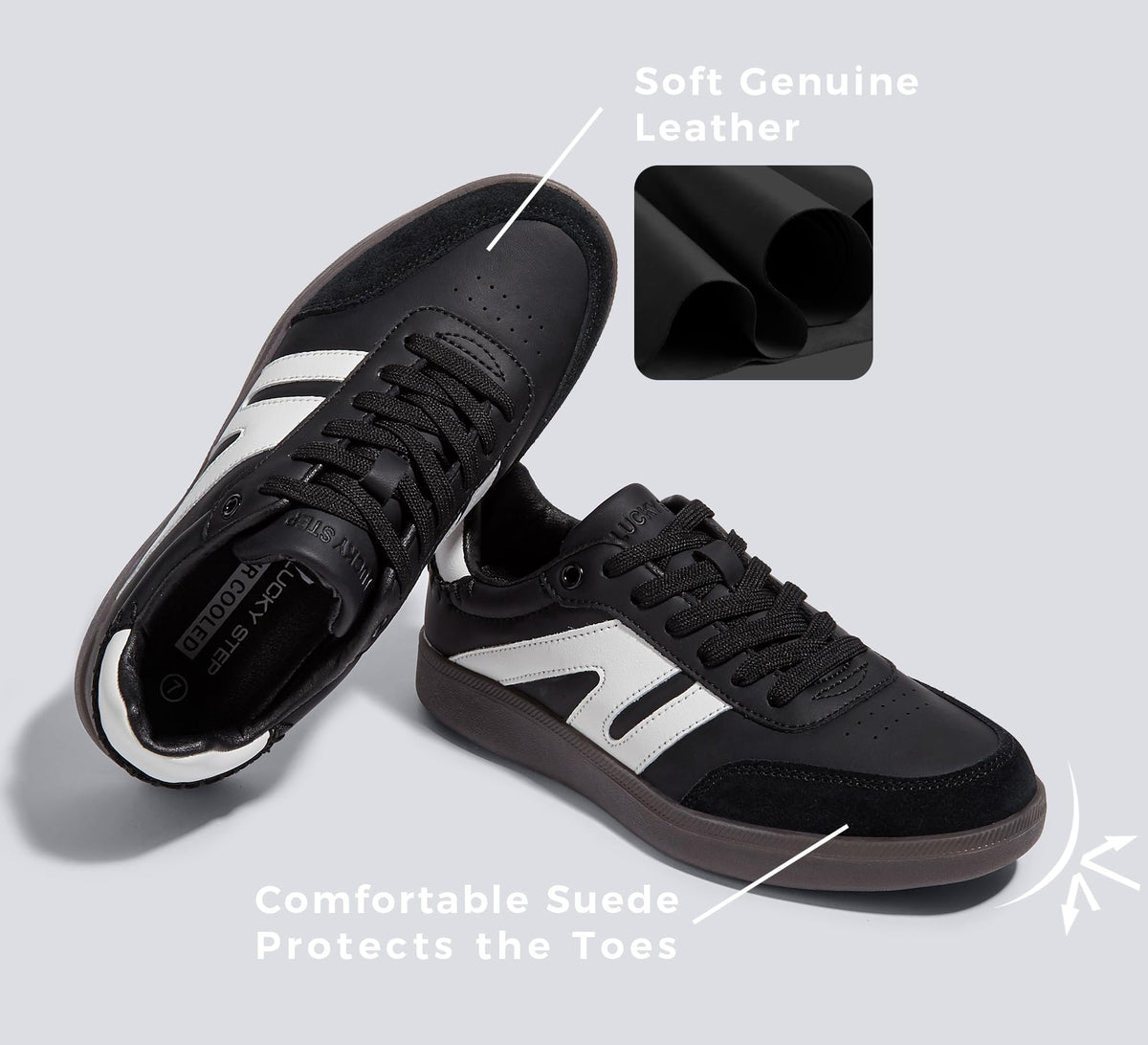 LUCKY STEP Retro Gum Sole Trainers Tennis Skate Shoes Black Womens US 8.5 NEW