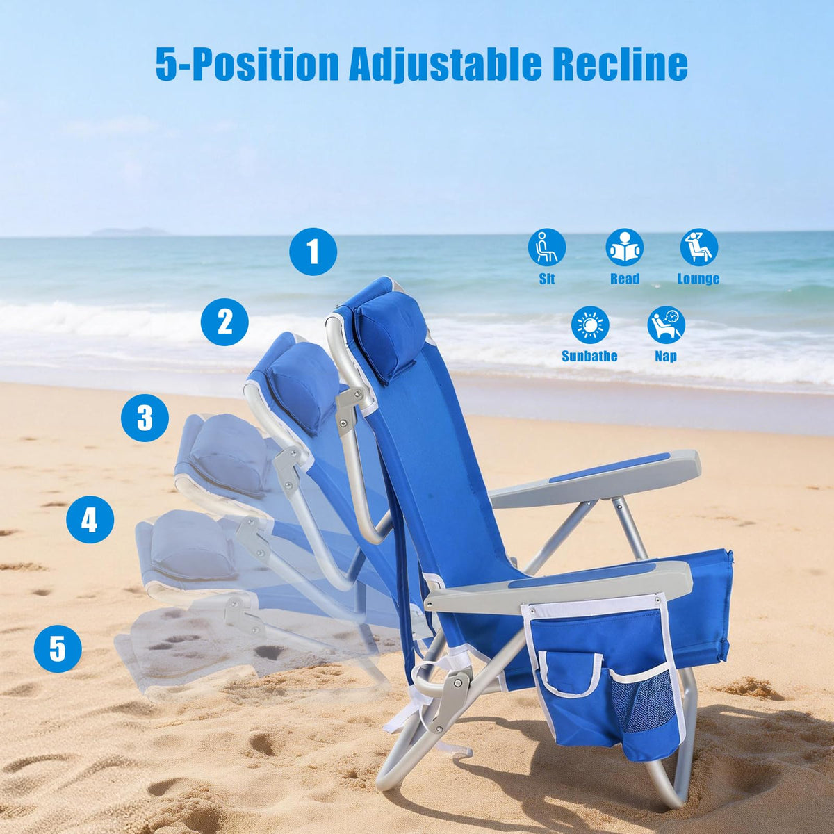 SunnyFeel Reclining Chairs Outdoor Folding Lounge Chair 5 Position Blue NEW