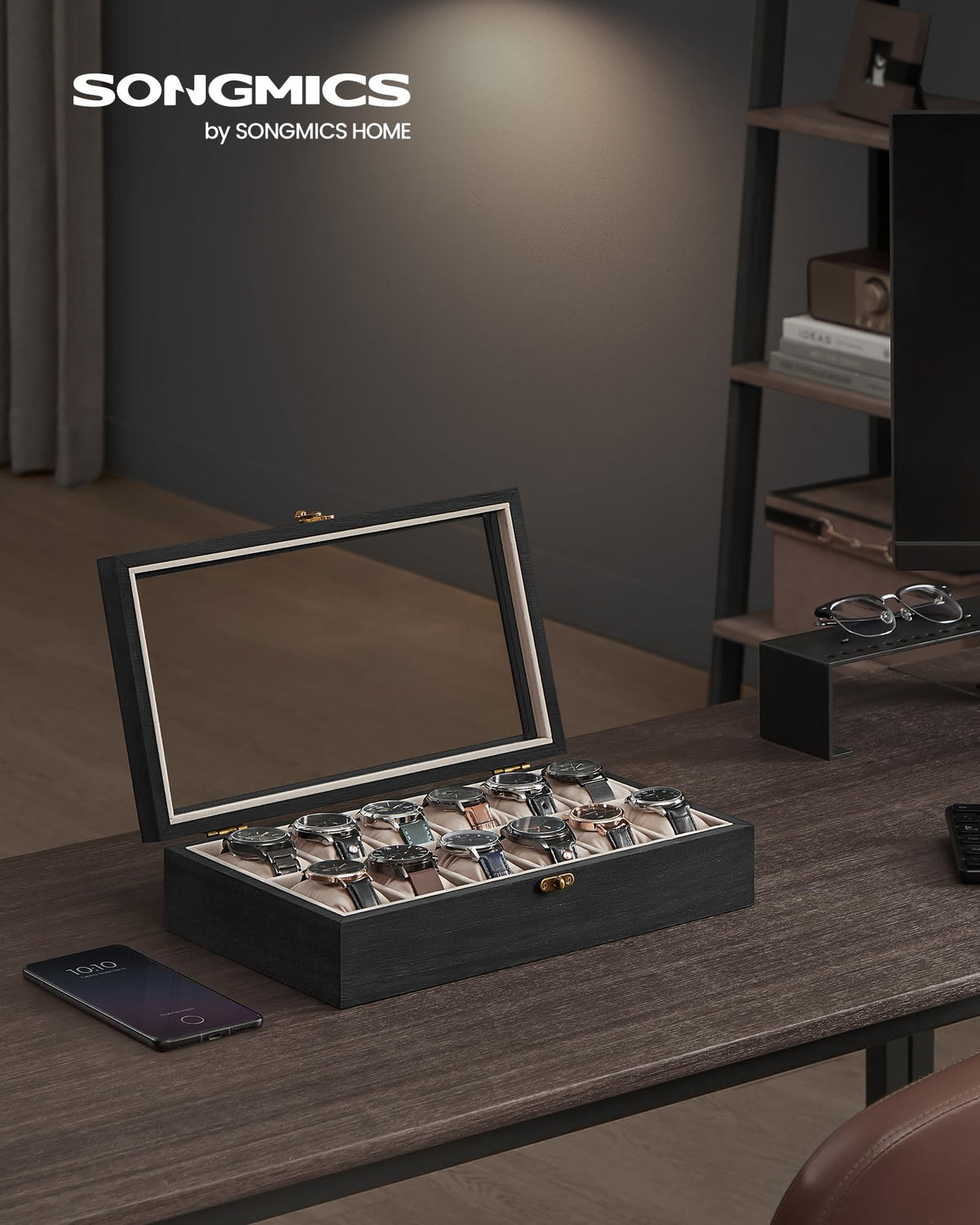 SONGMICS Solid Wood Watch Box Organizer with 12 Slots, Glass Lid, Ebony DEMO
