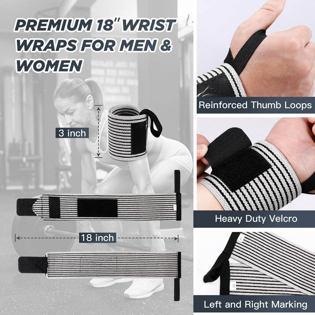 Professional Wrist Wraps 18 Inch Heavy Duty Weightlifting Black & White NEW