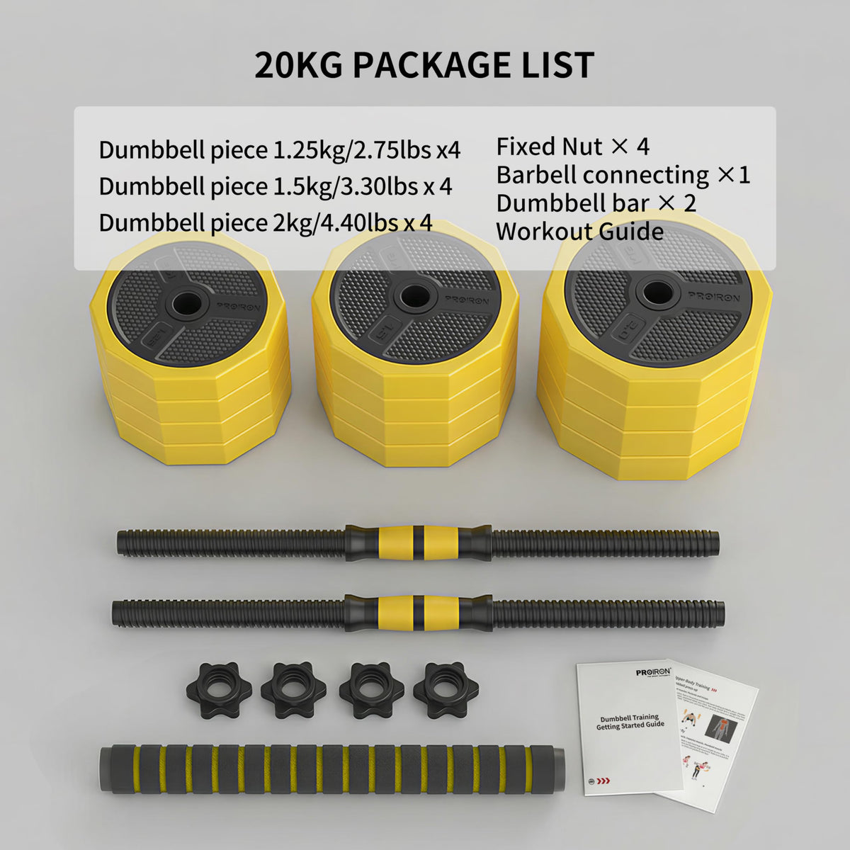 PROIRON 2-in-1 20KG Adjustable Dumbbells Set Black Yellow NEW