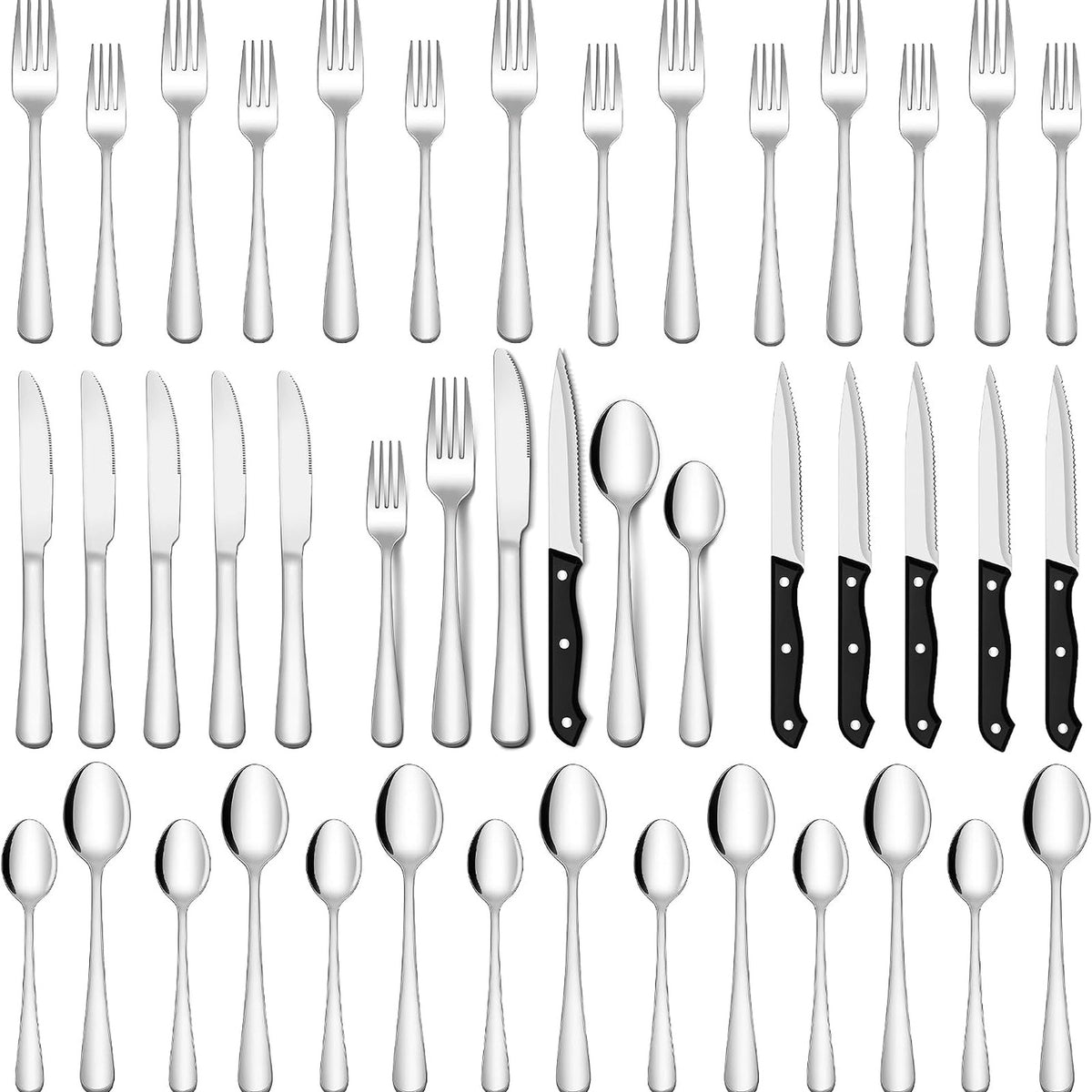 SHEUMNT 48-Piece Silverware Set - Mirror Polished Silver Stainless Flatware NEW