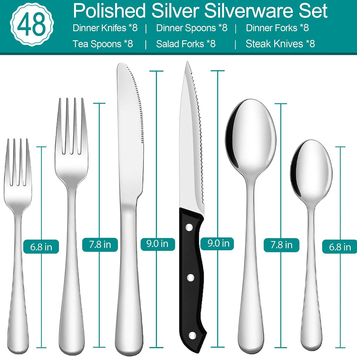 SHEUMNT 48-Piece Silverware Set - Mirror Polished Silver Stainless Flatware NEW