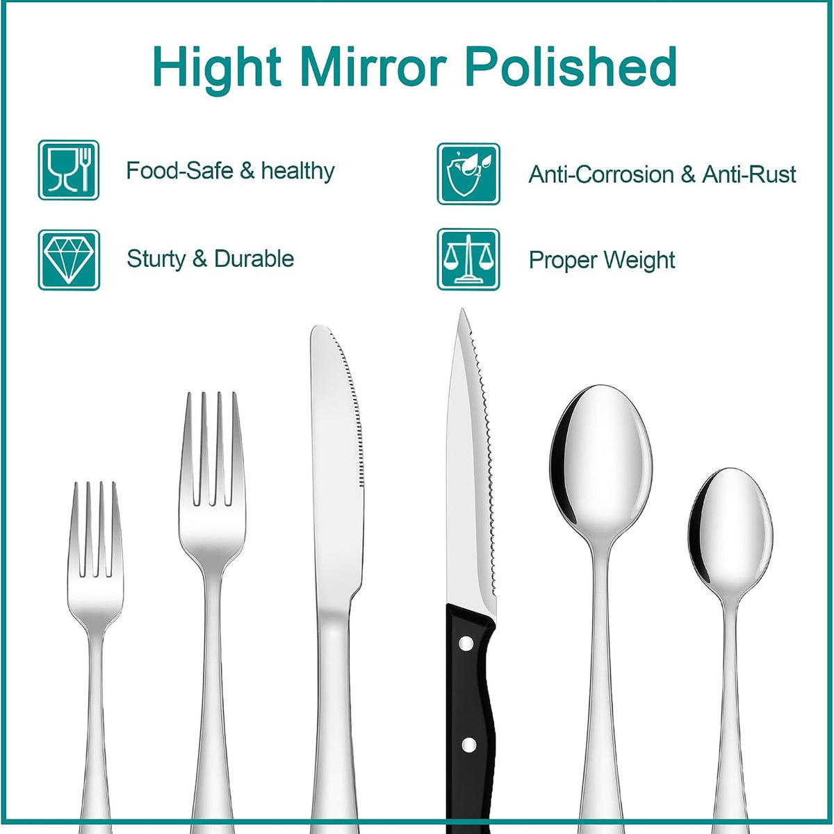 SHEUMNT 48-Piece Silverware Set - Mirror Polished Silver Stainless Flatware NEW