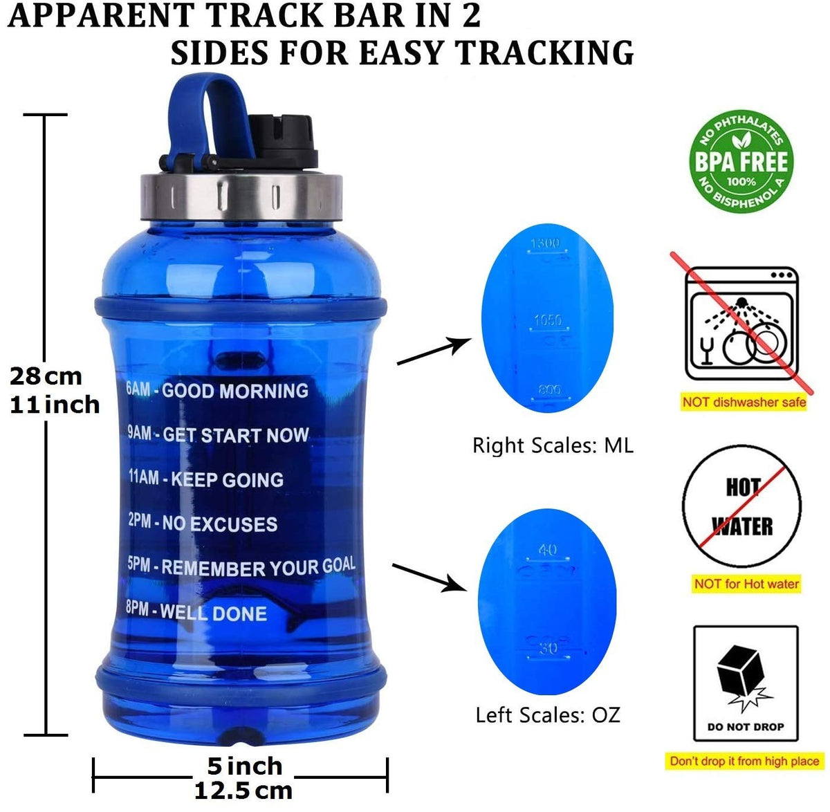 FORWEWAY 2.2L Blue Motivational Sports Water Bottle - BPA-Free Leak-Proof NEW