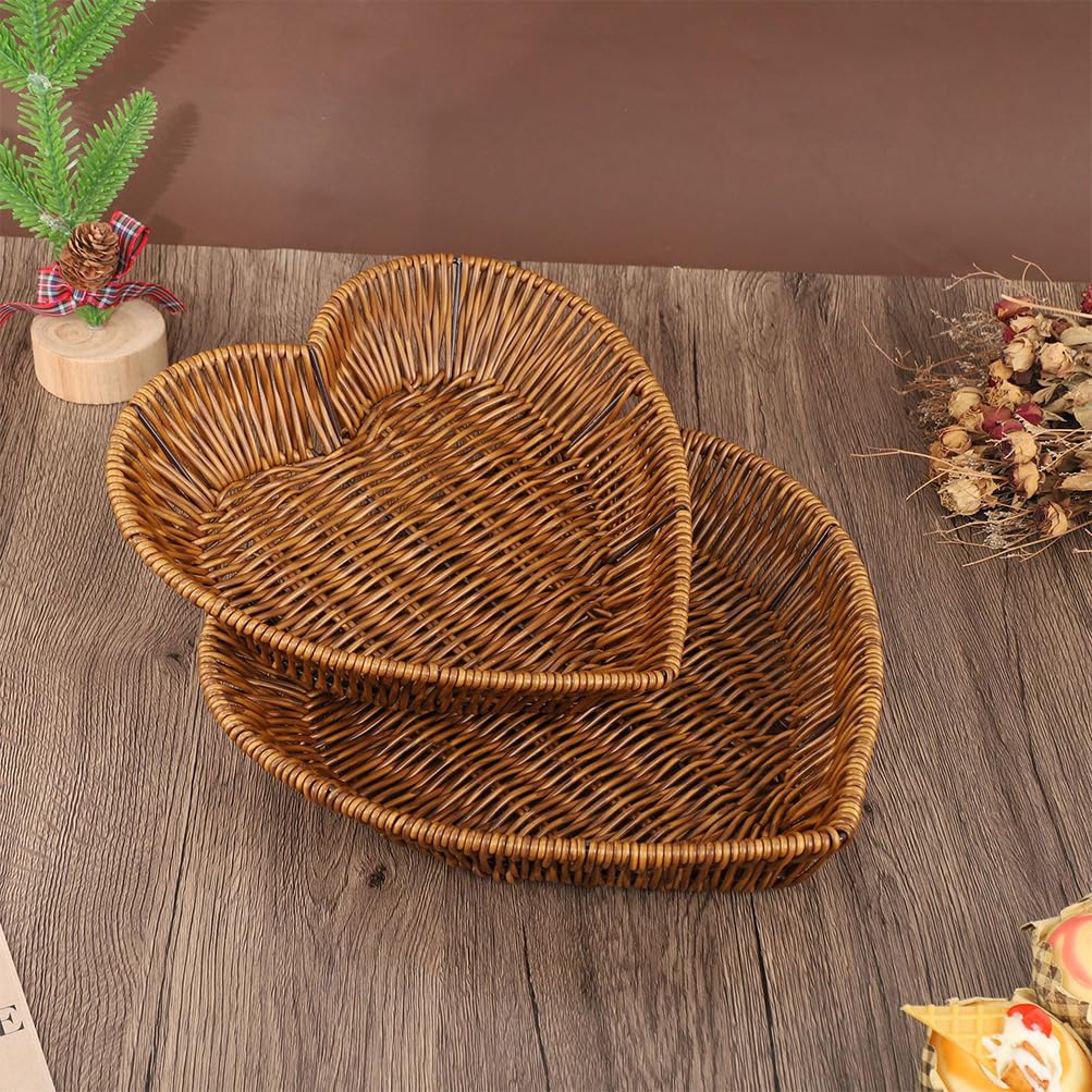 HHWRT Woven 3 Piece Bread Baskets Stackable Heart Shaped Wicker Style NEW