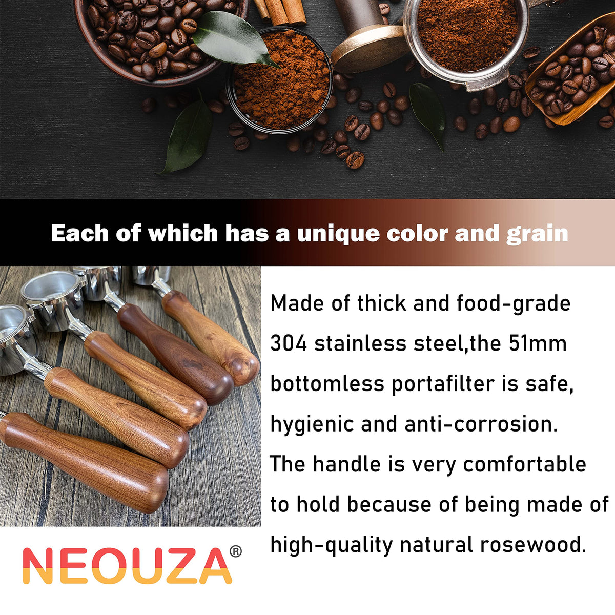 NEOUZA 51mm Espresso Bottomless Portafilter Stainless Steel Two Ear NEW