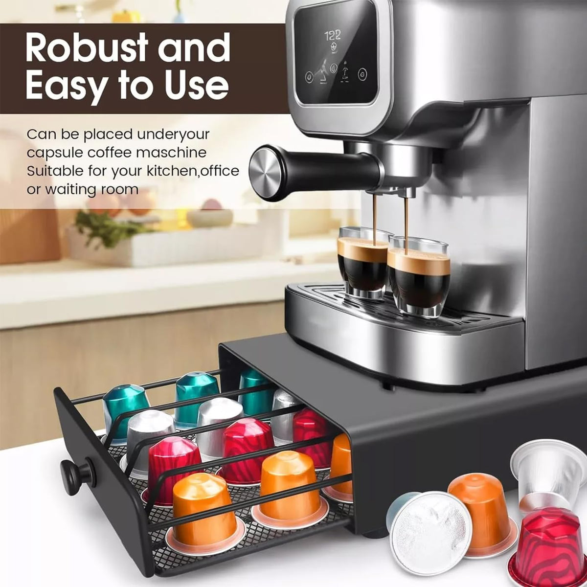 LAKNUY Coffee Pod Drawer Organizer Metal Storage Black Countertop NEW