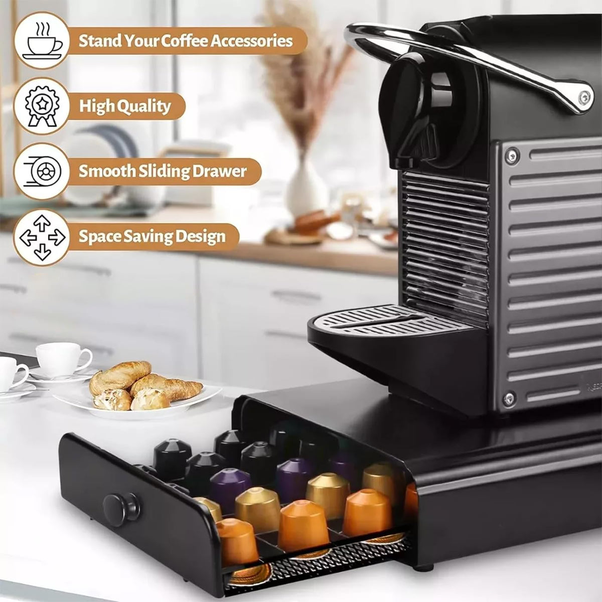LAKNUY Coffee Pod Drawer Organizer Metal Storage Black Countertop NEW