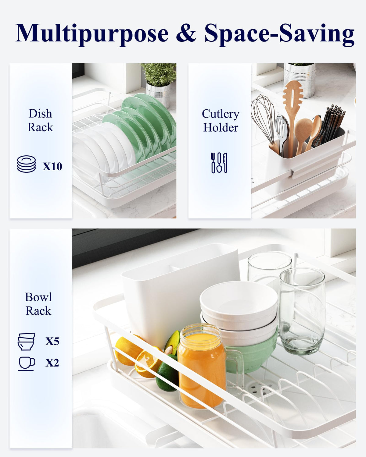Kitsure White Stainless Steel Dish Drying Rack Drainer With Utensil Holder NEW