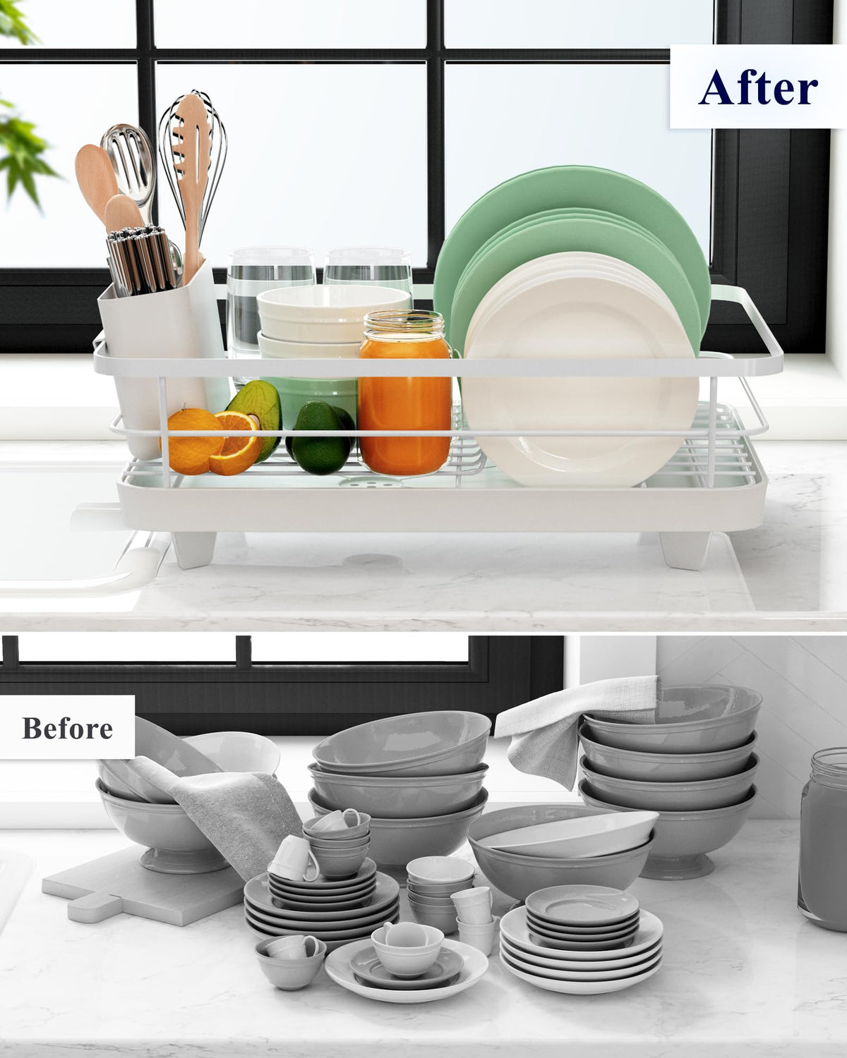 Kitsure White Stainless Steel Dish Drying Rack Drainer With Utensil Holder NEW