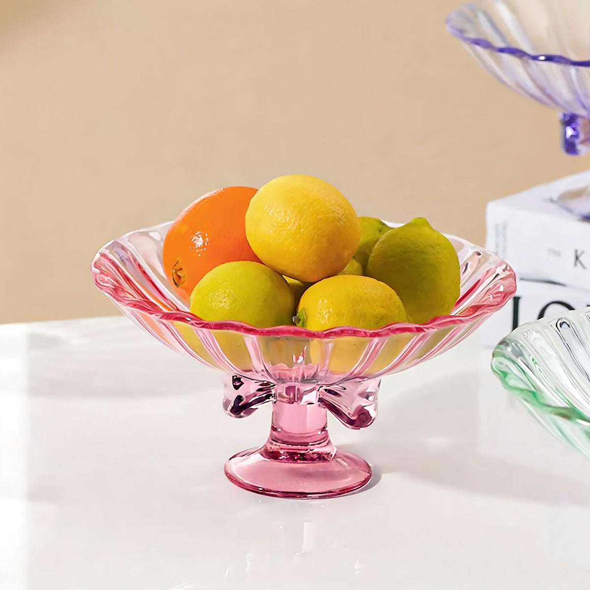 Gudajin Pink Glass Bow Stem Candy Dish Server Pedestal Fruit Bowl NEW