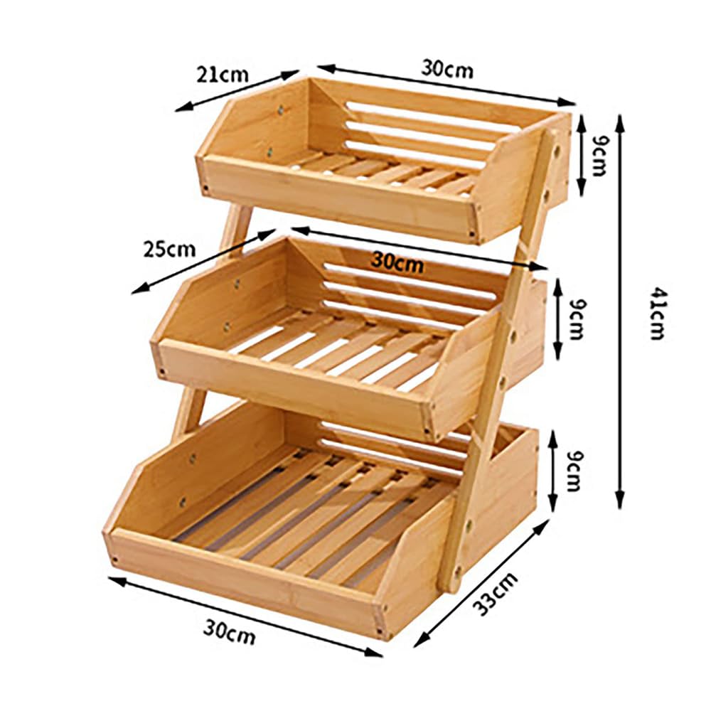 TOMVAES 3-Tier Wooden Fruit Basket Kitchen Counter Storage Stand NEW