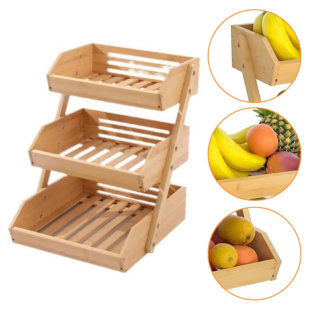 TOMVAES 3-Tier Wooden Fruit Basket Kitchen Counter Storage Stand NEW