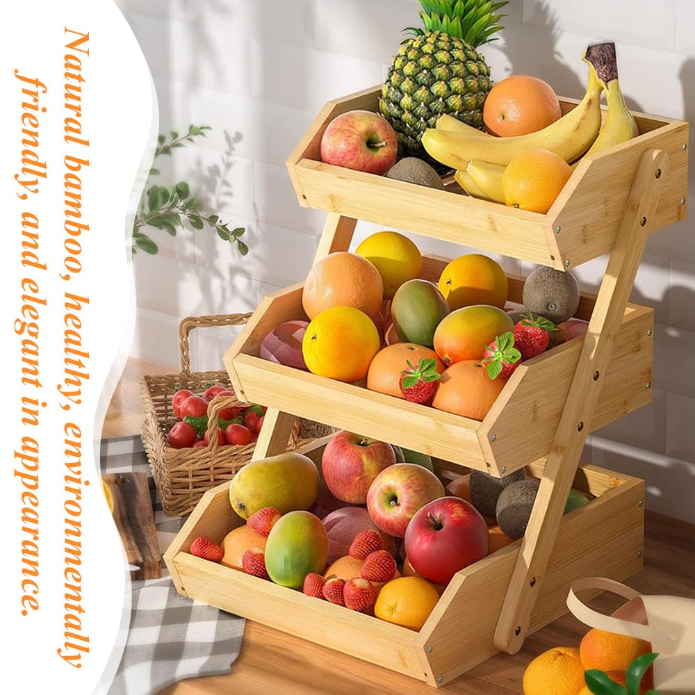 TOMVAES 3-Tier Wooden Fruit Basket Kitchen Counter Storage Stand NEW