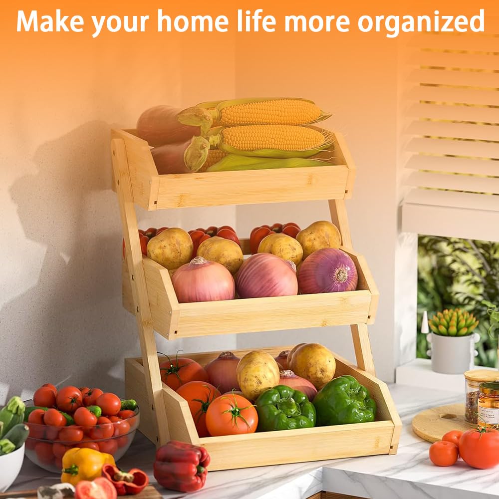 TOMVAES 3-Tier Wooden Fruit Basket Kitchen Counter Storage Stand NEW