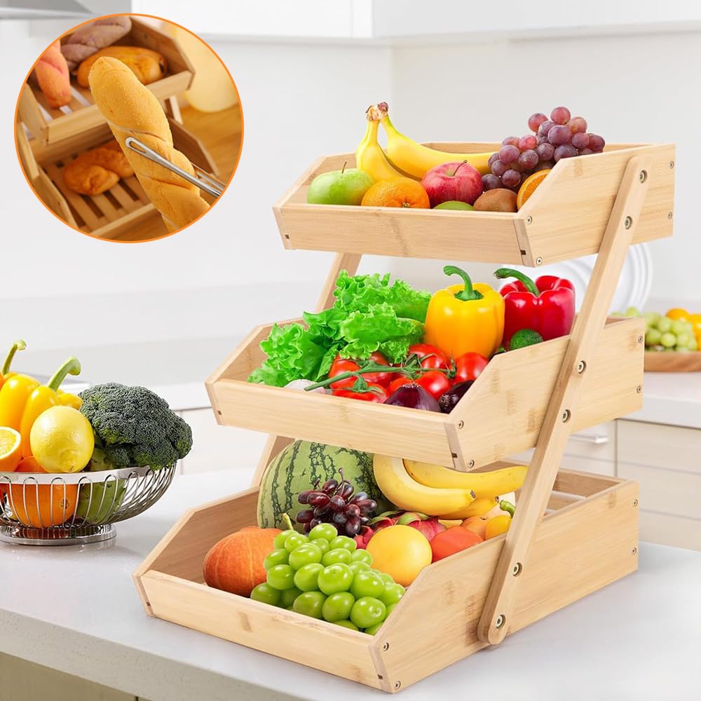 TOMVAES 3-Tier Wooden Fruit Basket Kitchen Counter Storage Stand NEW