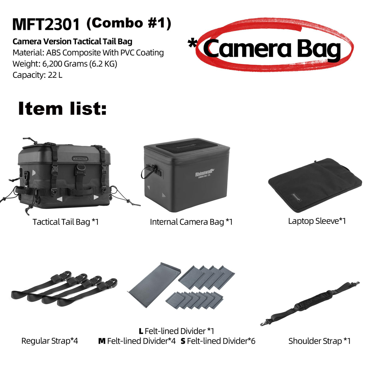 Rhinowalk MFT2301 36L Black Waterproof Motorcycle Saddle Bag Camera Storage NEW