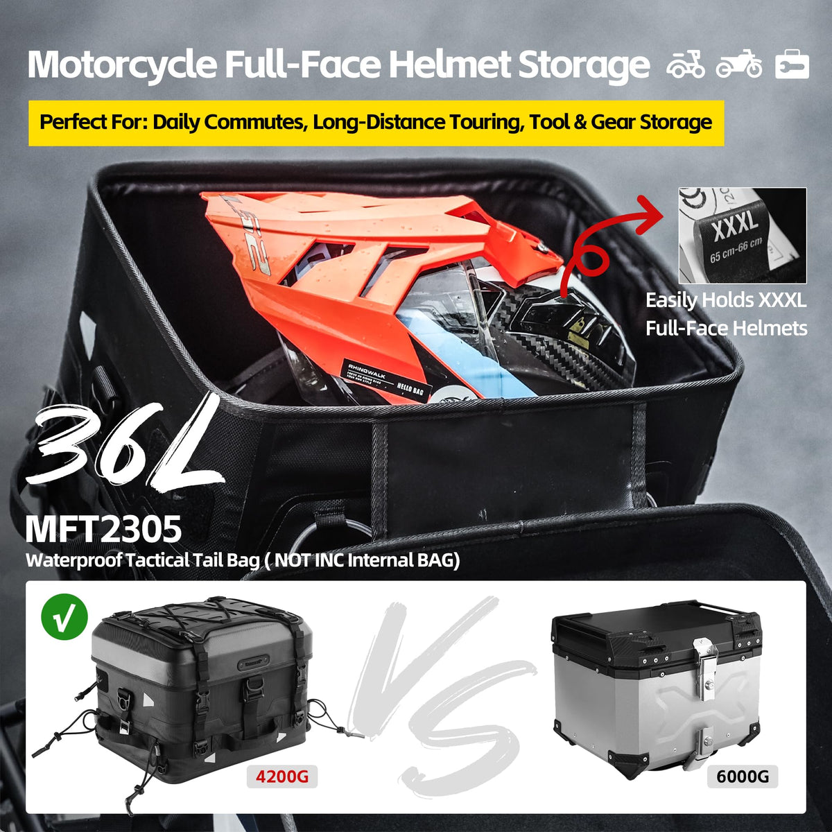 Rhinowalk MFT2301 36L Black Waterproof Motorcycle Saddle Bag Camera Storage NEW