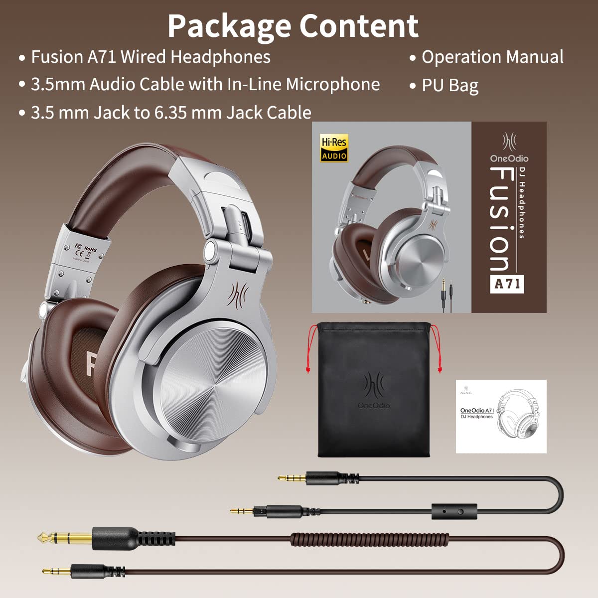 OneOdio A71 Hi-Res Studio Recording Over-Ear Headphones Silver & Brown DEMO