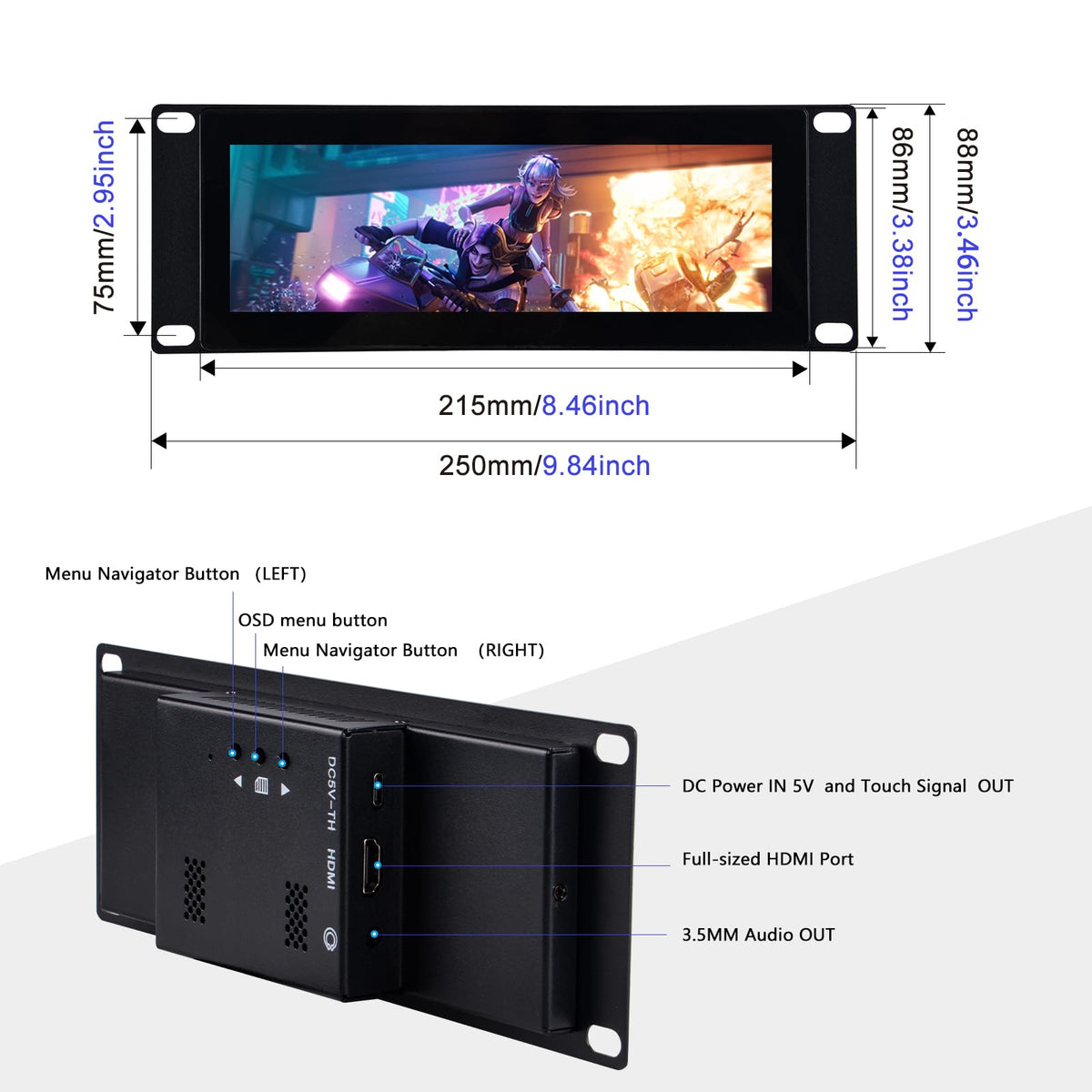 DeskPi 7.84 Inch LCD Touch Screen Rack Mount Monitor Black DEMO