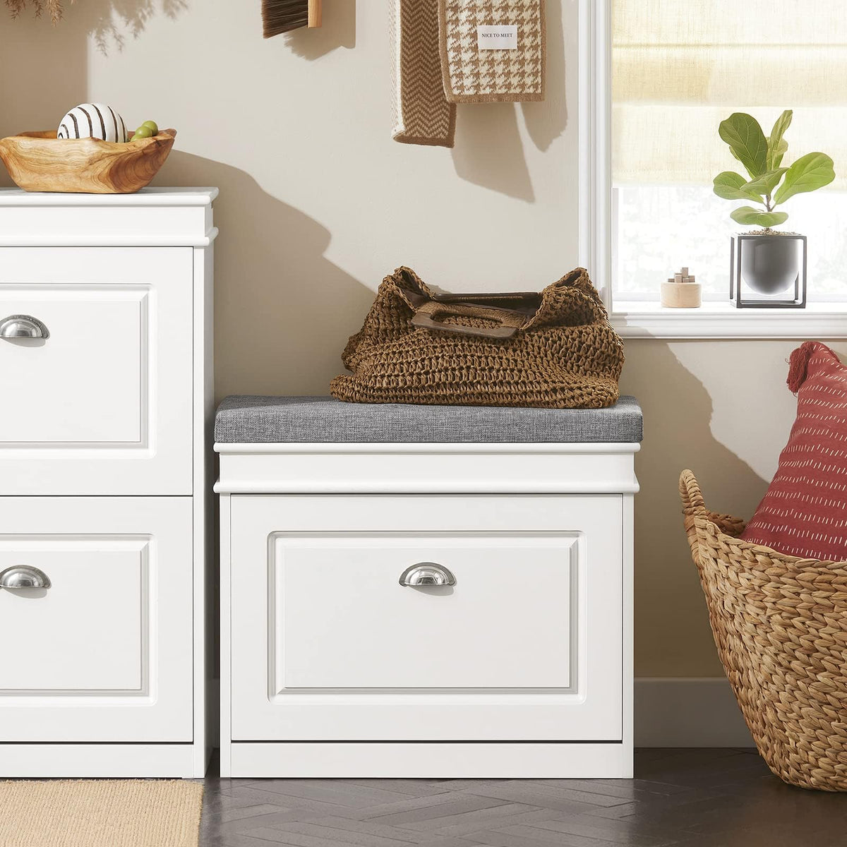 SoBuy White Shoe Storage Bench Cabinet Grey Cloth Top 60x24x52cm Hallway DEMO
