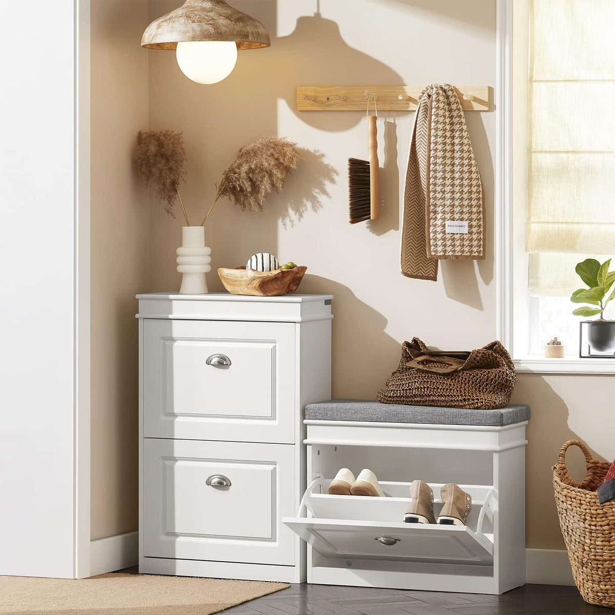 SoBuy White Shoe Storage Bench Cabinet Grey Cloth Top 60x24x52cm Hallway DEMO