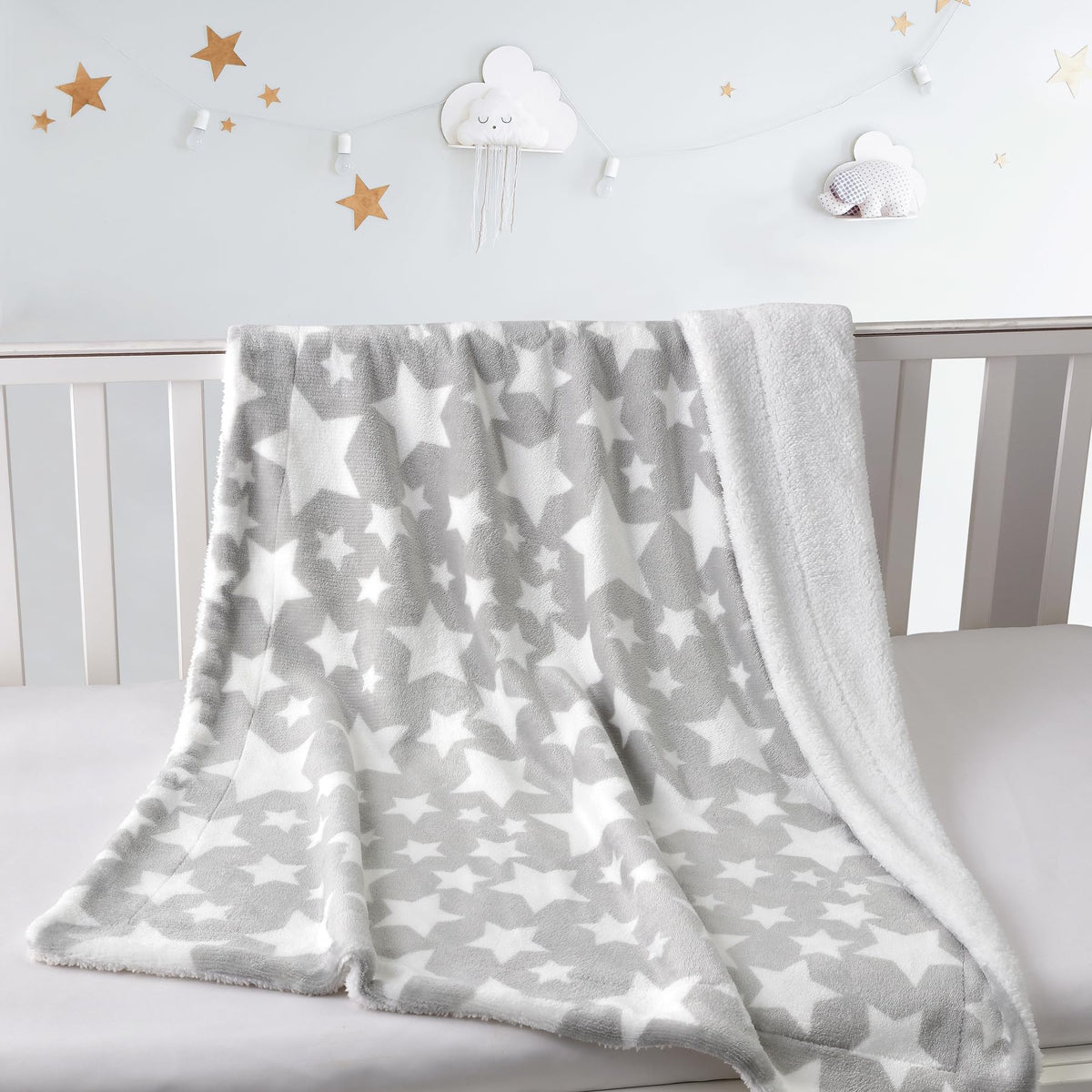 CREVENT Cozy Soft Sherpa Baby Blanket Star Grey 2 Layer 30" x 40" NEW