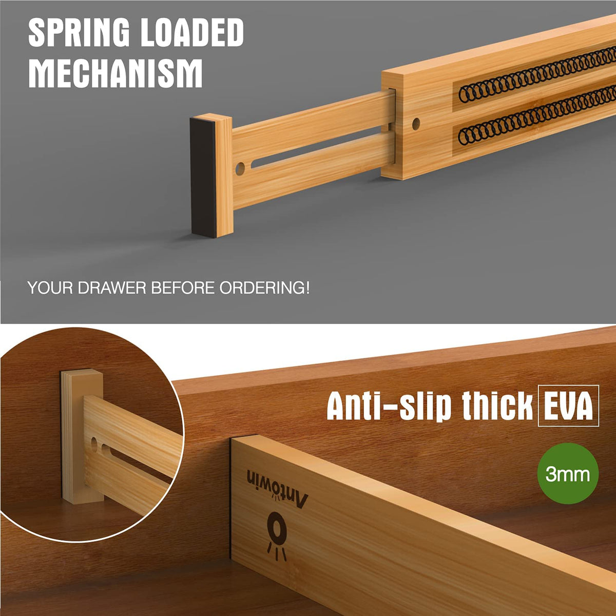ANTOWIN Bamboo Expandable Drawer Dividers for Kitchen Storage Natural NEW