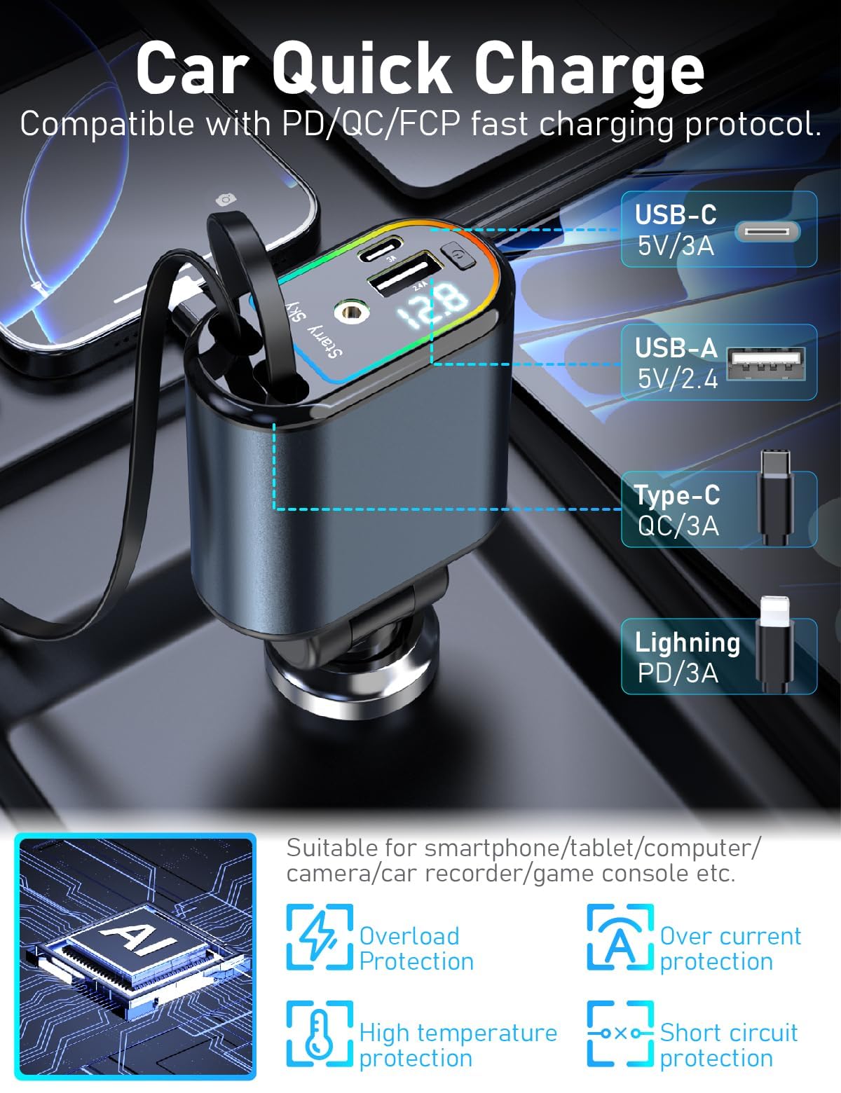 SinRuiSmart 120W Automobile Chargers Retractable 4 in 1 Car Charger Dark DEMO