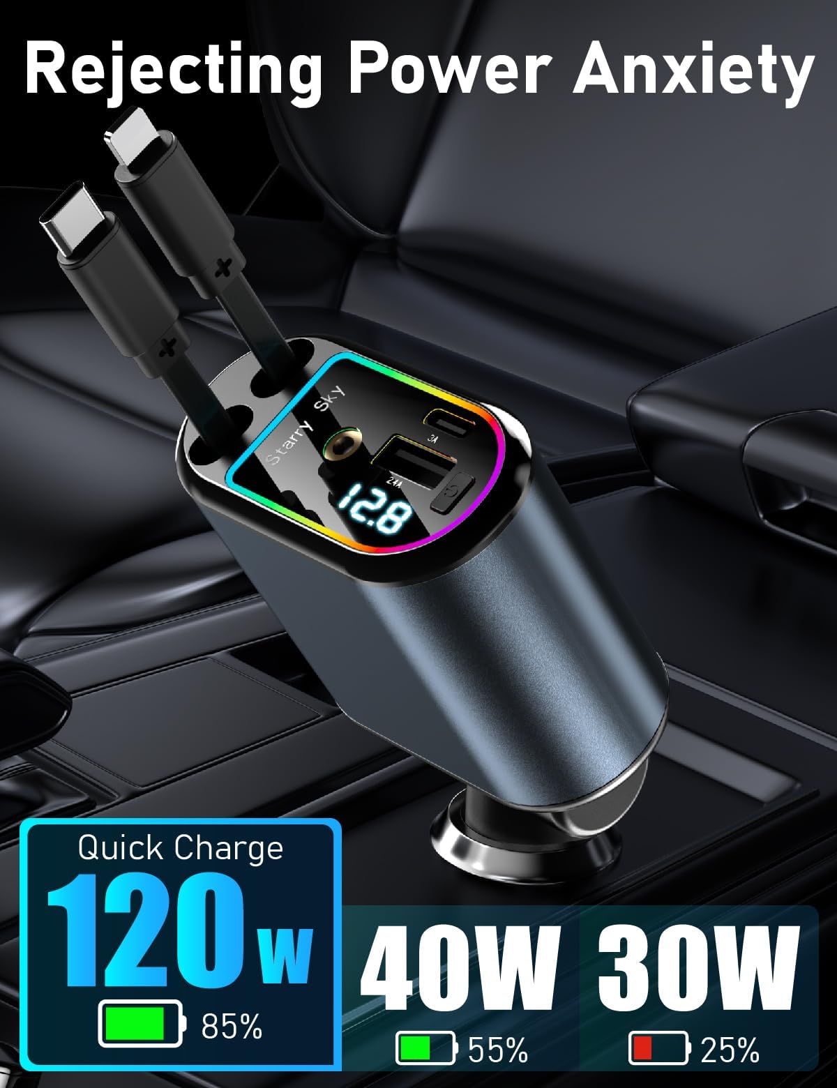 SinRuiSmart 120W Automobile Chargers Retractable 4 in 1 Car Charger Dark DEMO