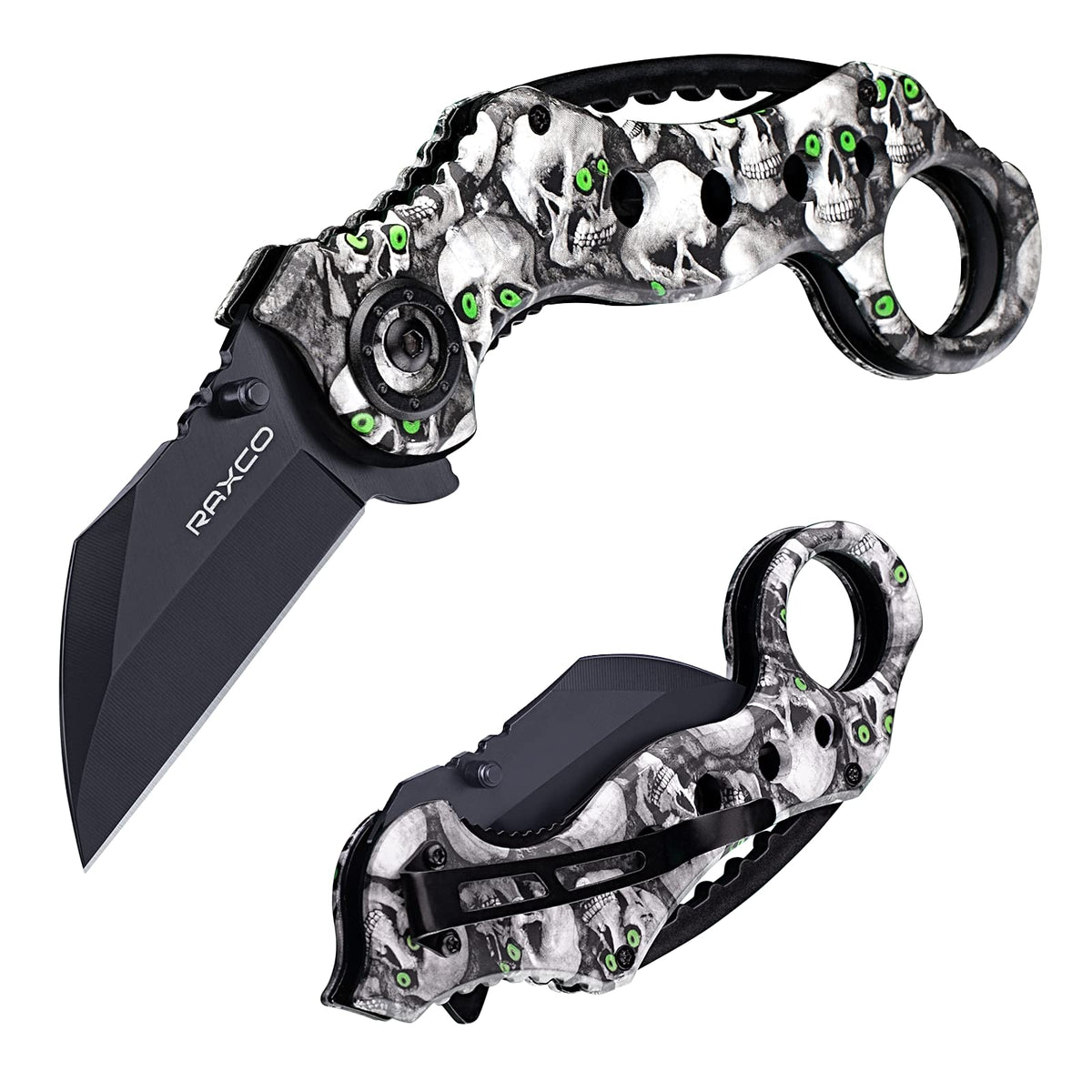RAXCO Black White Skull Decal Folding Knife for Pocket Camping Daily Use NEW