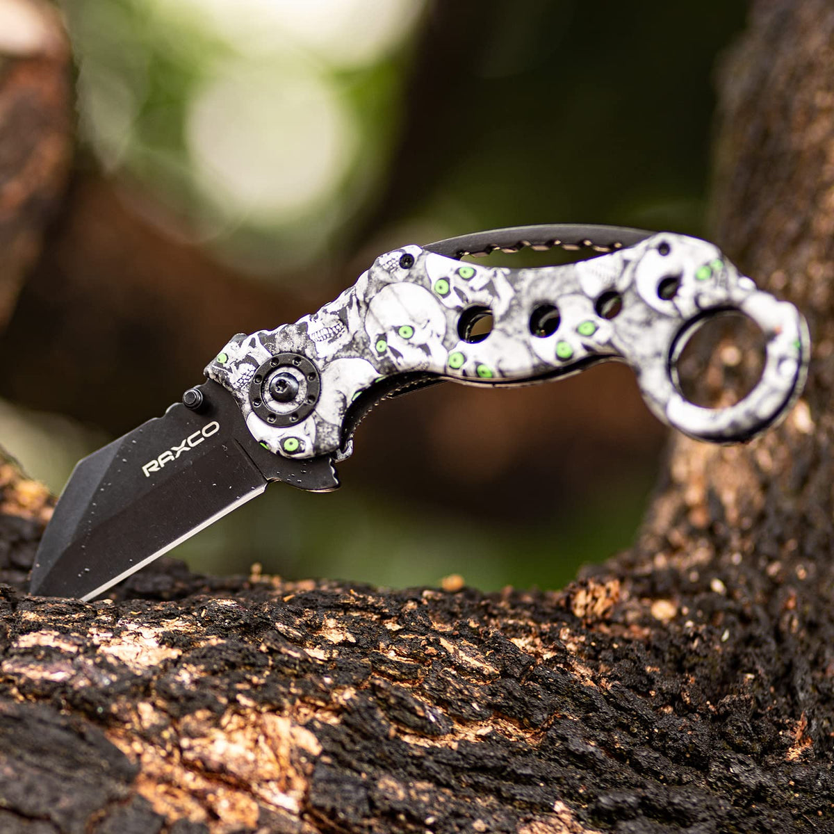 RAXCO Black White Skull Decal Folding Knife for Pocket Camping Daily Use NEW