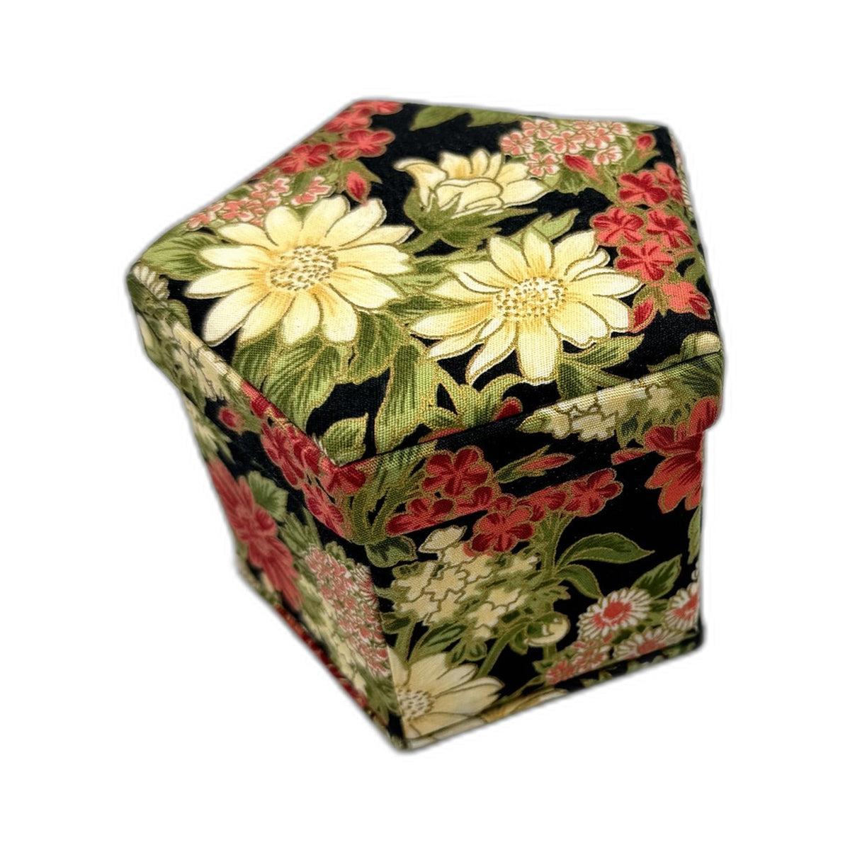 Hand Crafted Floral Sewing Needle Box Multi-Coloured Fabric Blooms Open