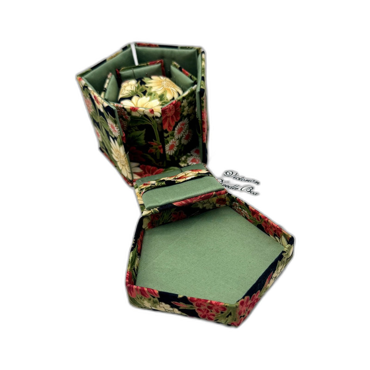 Hand Crafted Floral Sewing Needle Box Multi-Coloured Fabric Blooms Open