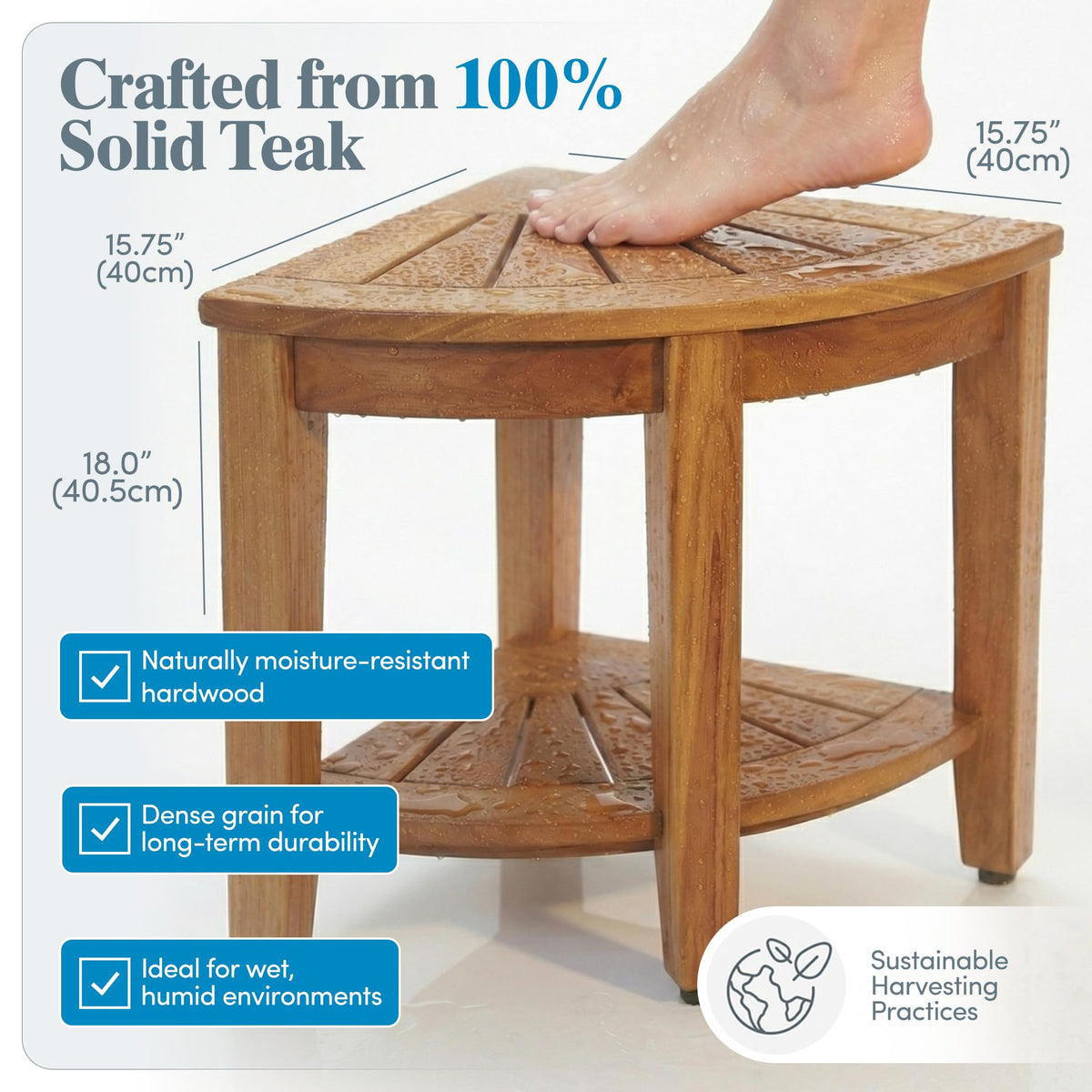 AquaTeak The Original Kai Corner Solid Teak 40cm Shower Bench with Shelf NEW