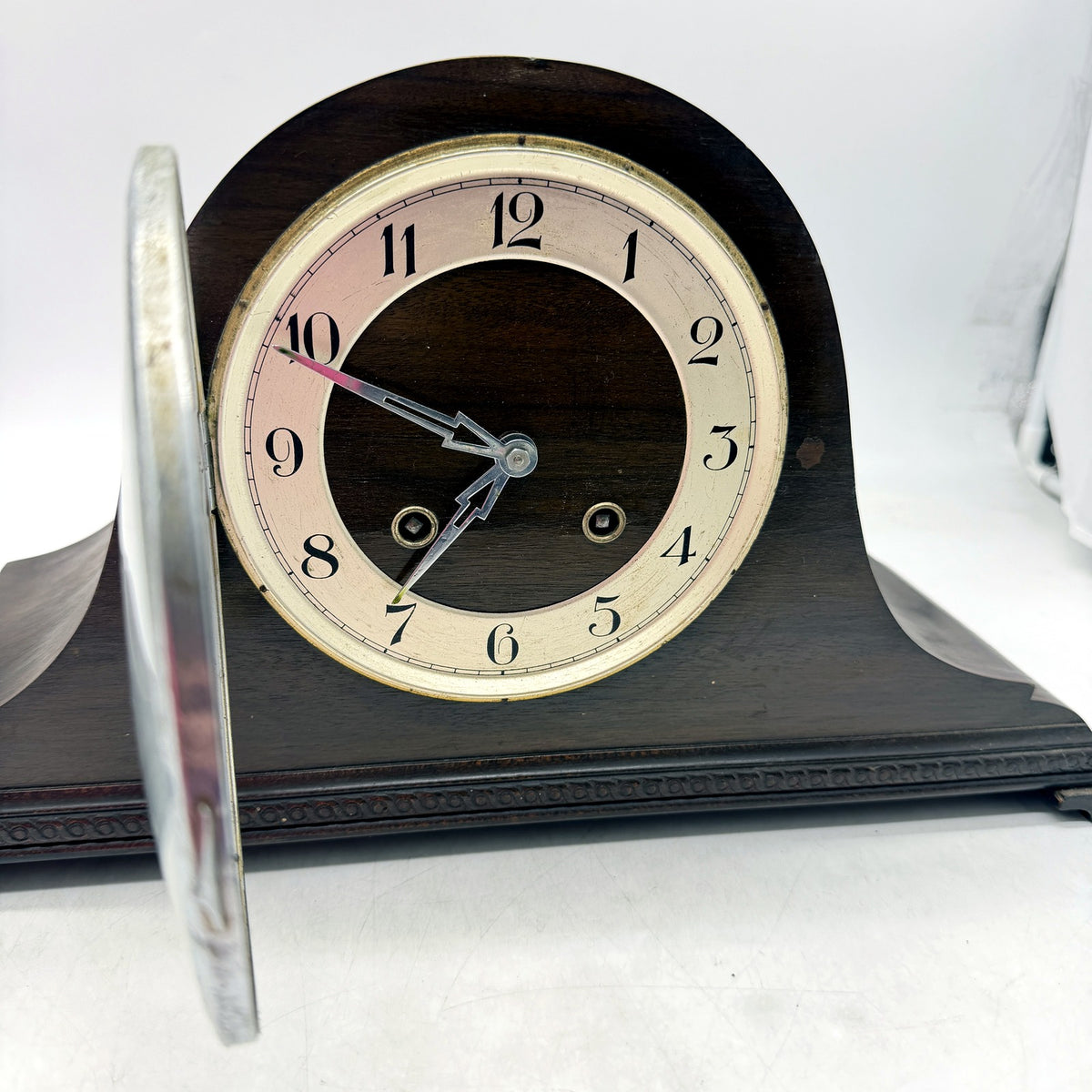 Antique Dark Brown Wood Mantel Clock Arched Dome Mechanical
