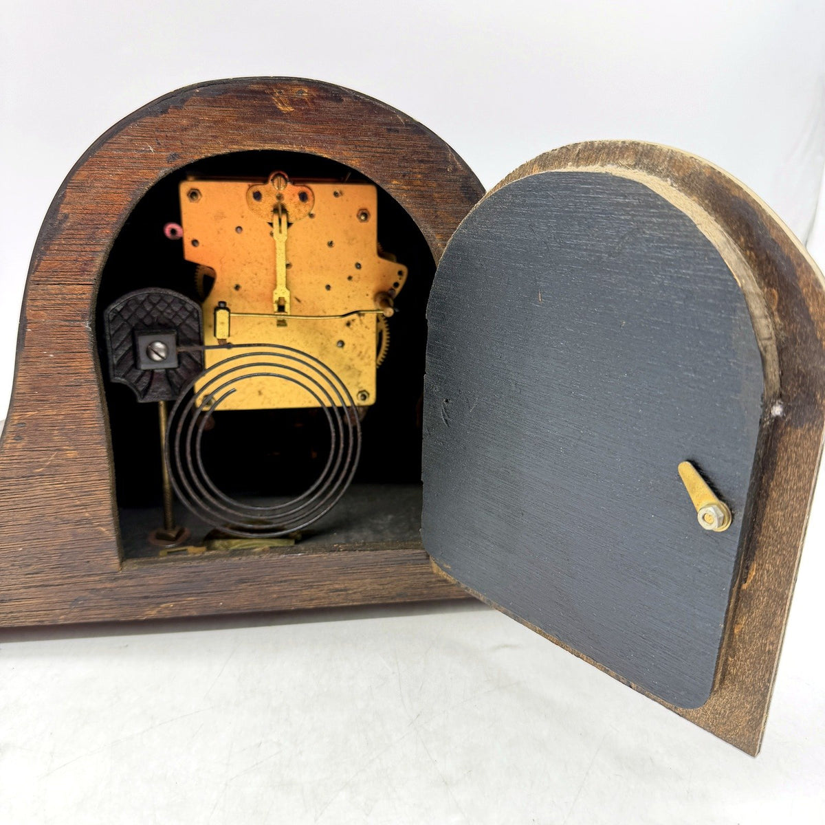 Antique Dark Brown Wood Mantel Clock Arched Dome Mechanical