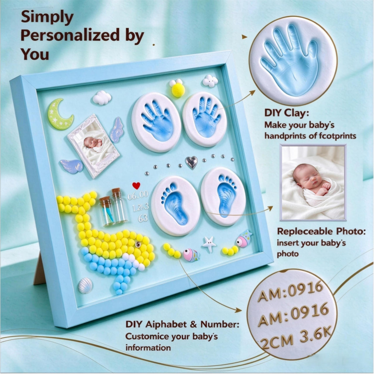 Yomi Magic Keepsake Frames Blue Personalized Newborn Baby Handprint NEW