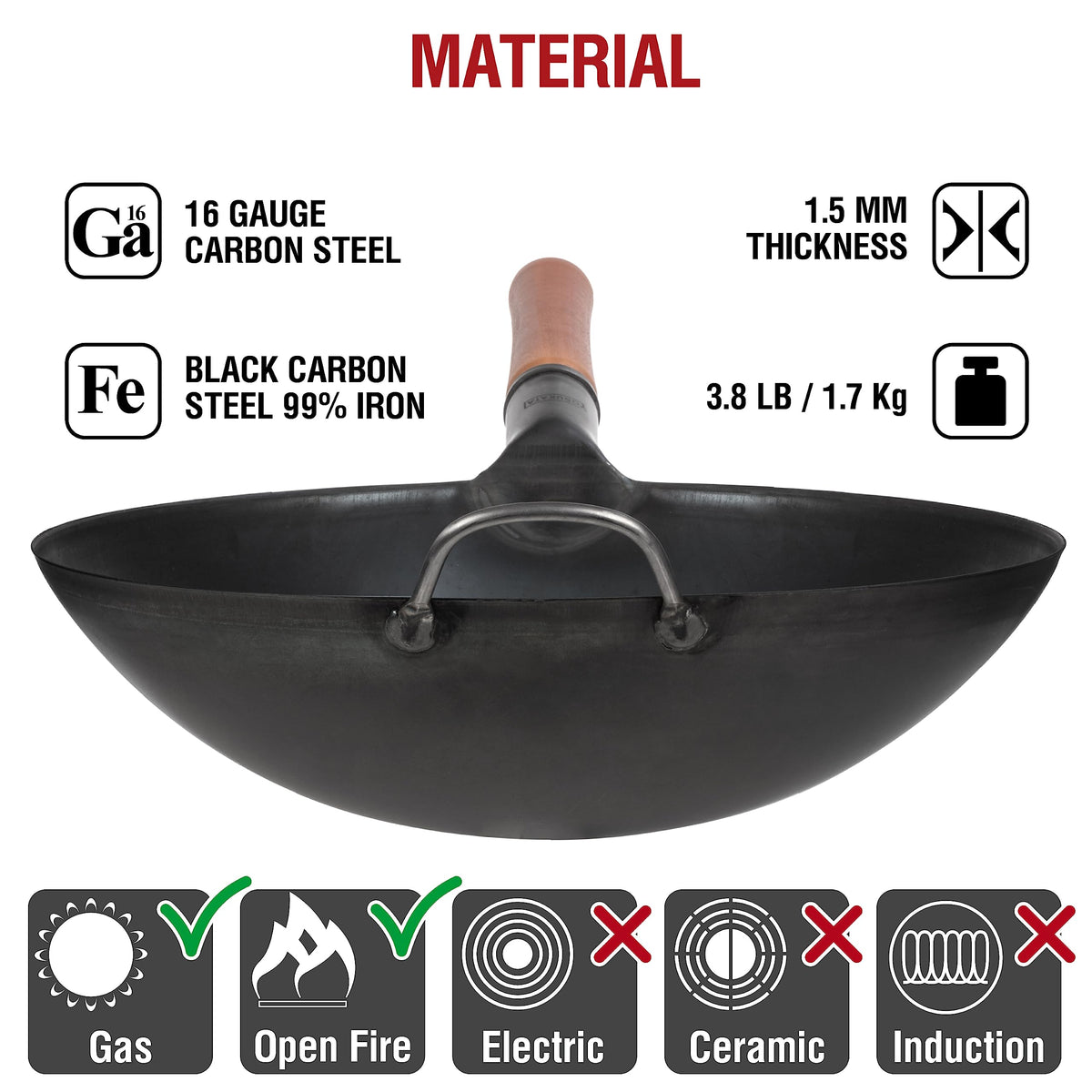 YOSUKATA Carbon Woks Steel Wok Round Bottom Pre-Seasoned Black 14 Inch 36cm DEMO