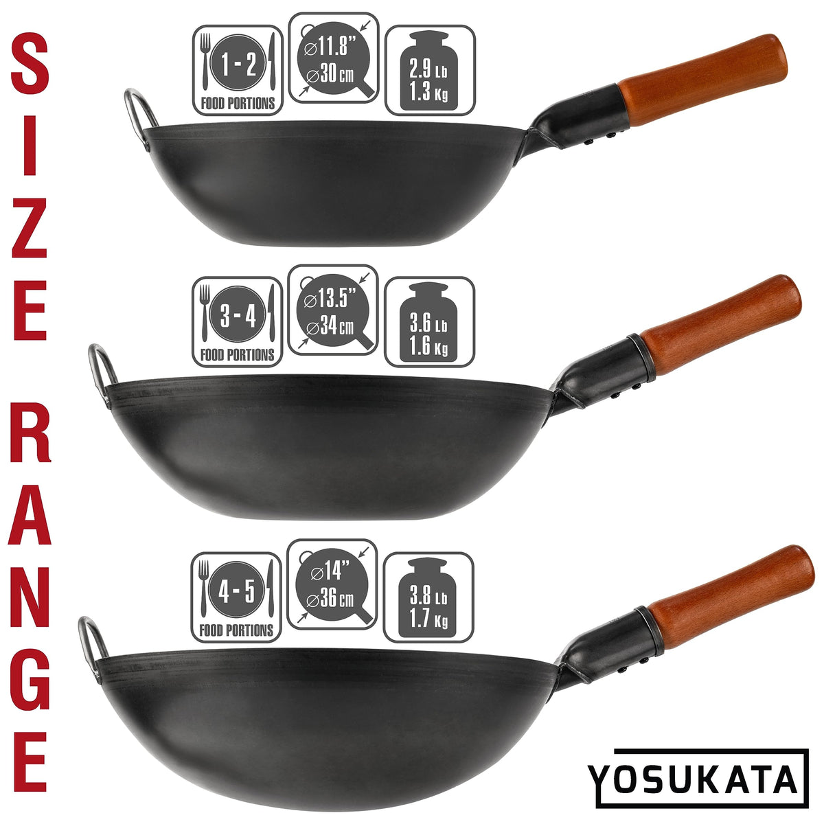 YOSUKATA Carbon Woks Steel Wok Round Bottom Pre-Seasoned Black 14 Inch 36cm DEMO