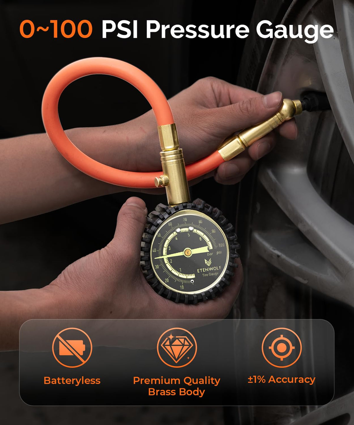 ETENWOLF Tyre Pressure Gauge 0-100 PSI ANSI Grade A Accurate DEMO