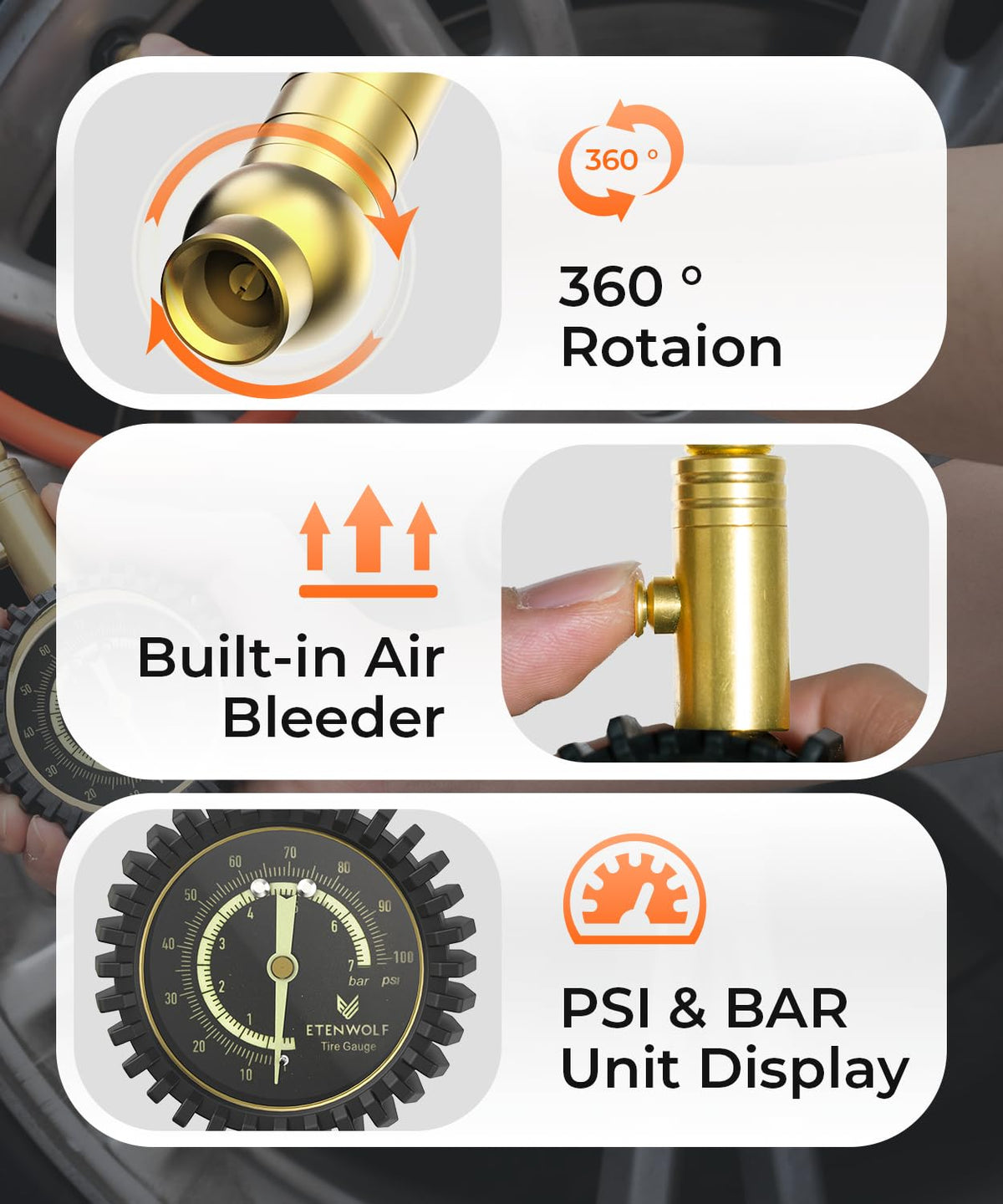 ETENWOLF Tyre Pressure Gauge 0-100 PSI ANSI Grade A Accurate DEMO